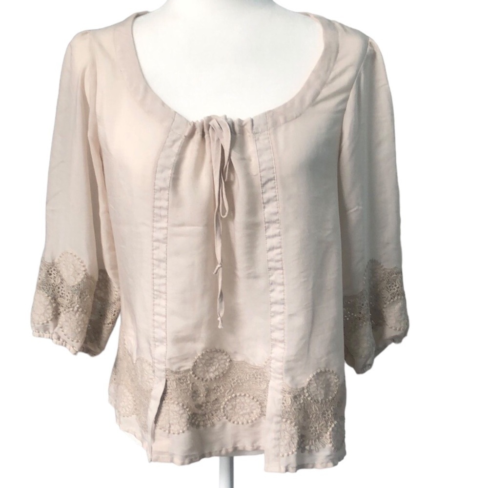 Love Stitch Boho Crochet Embroidery Peasant Top in Ivory White Size Medium